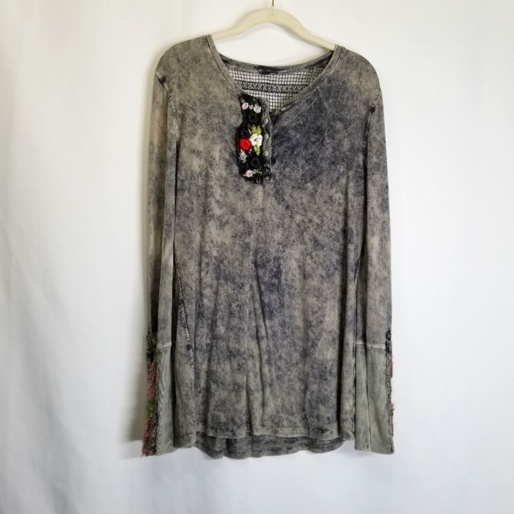 Aratta Silent Journey Mineral Acid Wash Long Sleeve T-Shirt Hippie Lagenlook‎ M